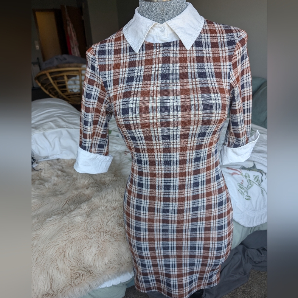 Kingston Brown Plaid Midi Dress with White Collar